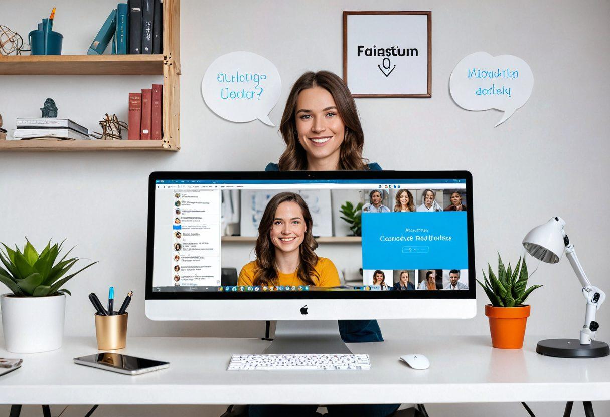 A dynamic split-screen view showcasing a modern virtual meeting, with Jess Webcam prominently displaying a high-quality image of a smiling professional in a well-lit, elegant home office setting. Include engaging elements such as chat bubbles, real-time reactions, and a vibrant overlay of icons representing various communication tools. The background should hint at a tech-savvy atmosphere with minimalistic decor. super-realistic. vibrant colors. white background.
