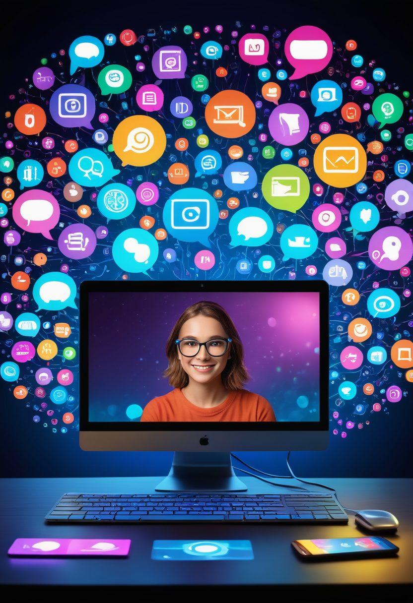 A modern, high-tech webcam glowing with vibrant lights, surrounded by an array of digital icons symbolizing video communication, such as chat bubbles and streaming symbols. In the background, blurred images of people engaging in live streaming on various devices. Emphasize energy and connectivity, showcasing the transformational power of video communication. super-realistic. vibrant colors. dynamic composition.